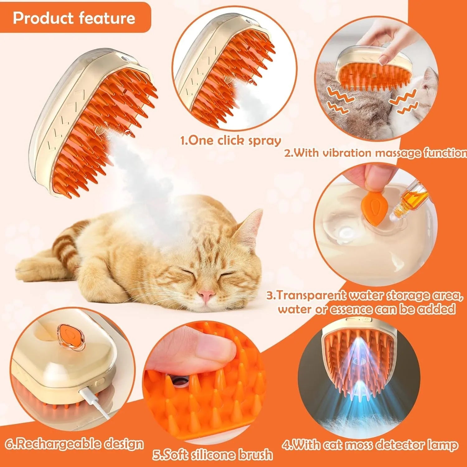 Yellow 4-in-1 cat steam brush with ringworm detector, water reservoir, and silicone grooming teeth