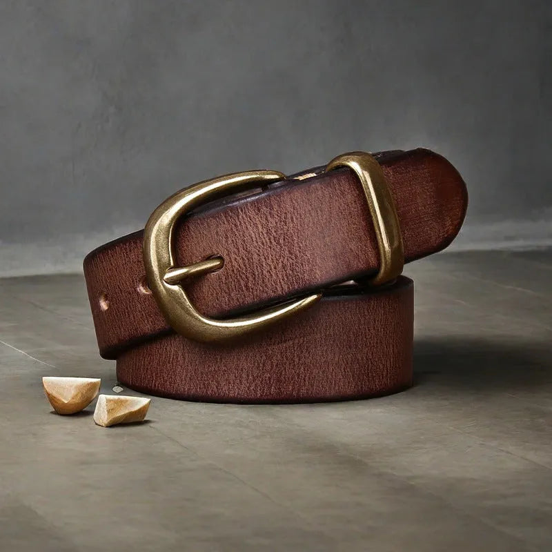 Men's cattlehide leather casual belt with copper pin buckle in black brown khaki colours