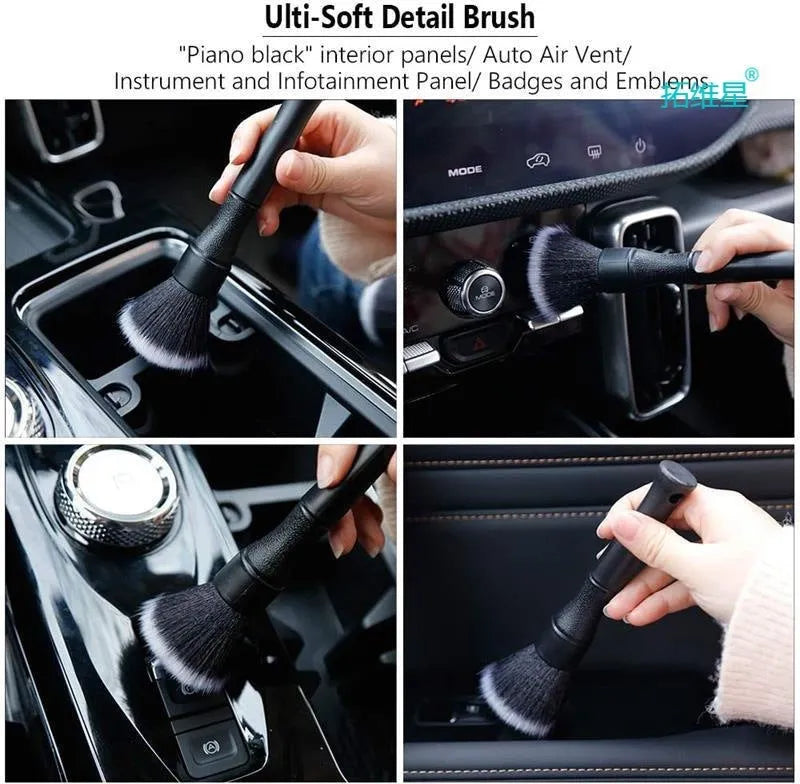 Black car detailing brush with pp handle and soft pig hair bristles in two size options