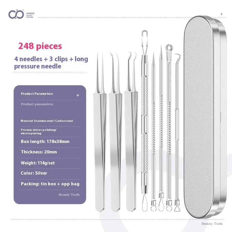 Four silver metal acne needles with fine pointed tips for blackhead removal.