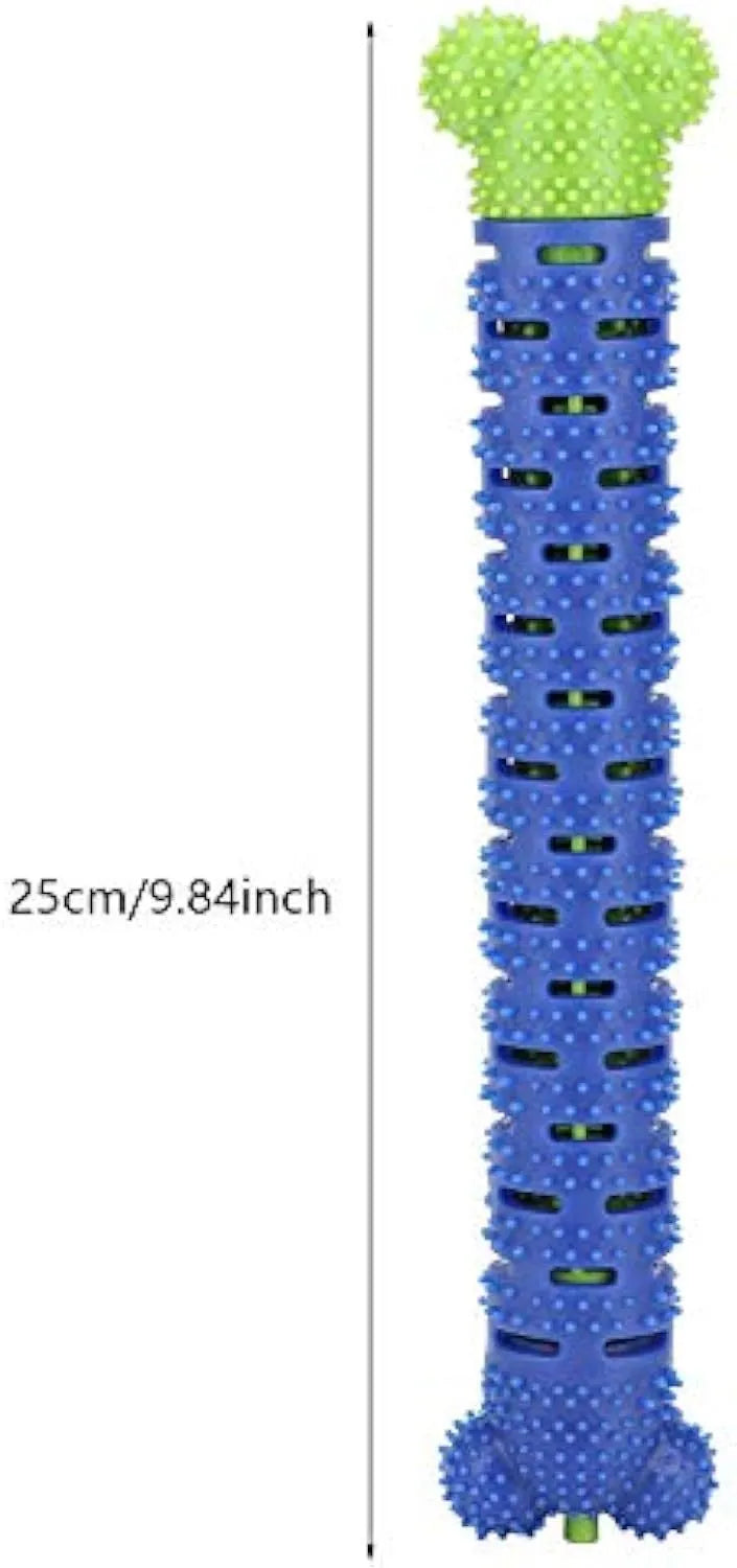 Blue-green silicone dog dental chew stick with textured cleaning surface, 25cm long.