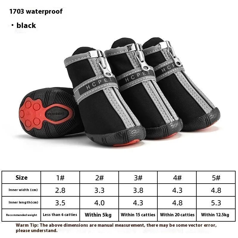 Waterproof non-slip breathable dog shoes in five sizes and nine colours, set of four