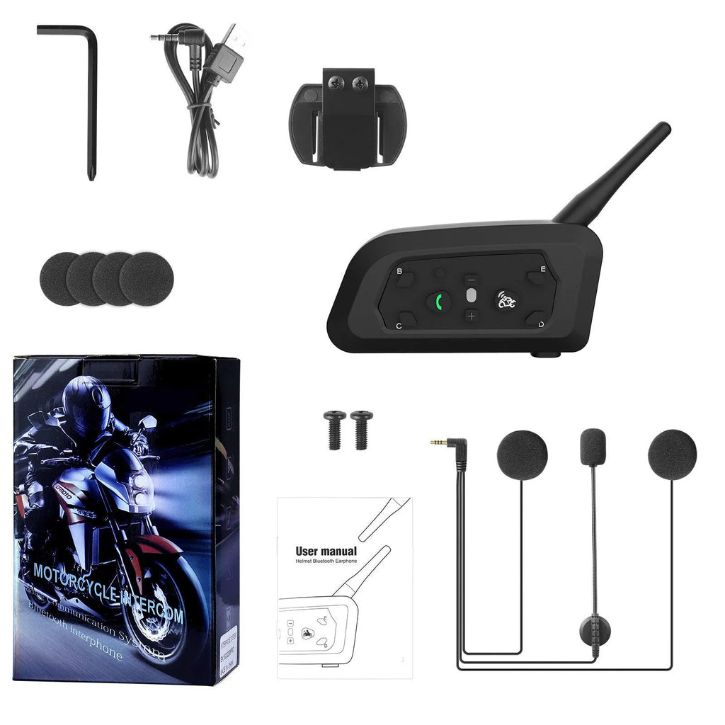 V6 Pro motorcycle helmet Bluetooth intercom unit with mounting clip and headset, shown with its 800m range and compact dimensions.