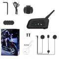 V6 Pro motorcycle helmet Bluetooth intercom unit with mounting clip and headset, shown with its 800m range and compact dimensions.