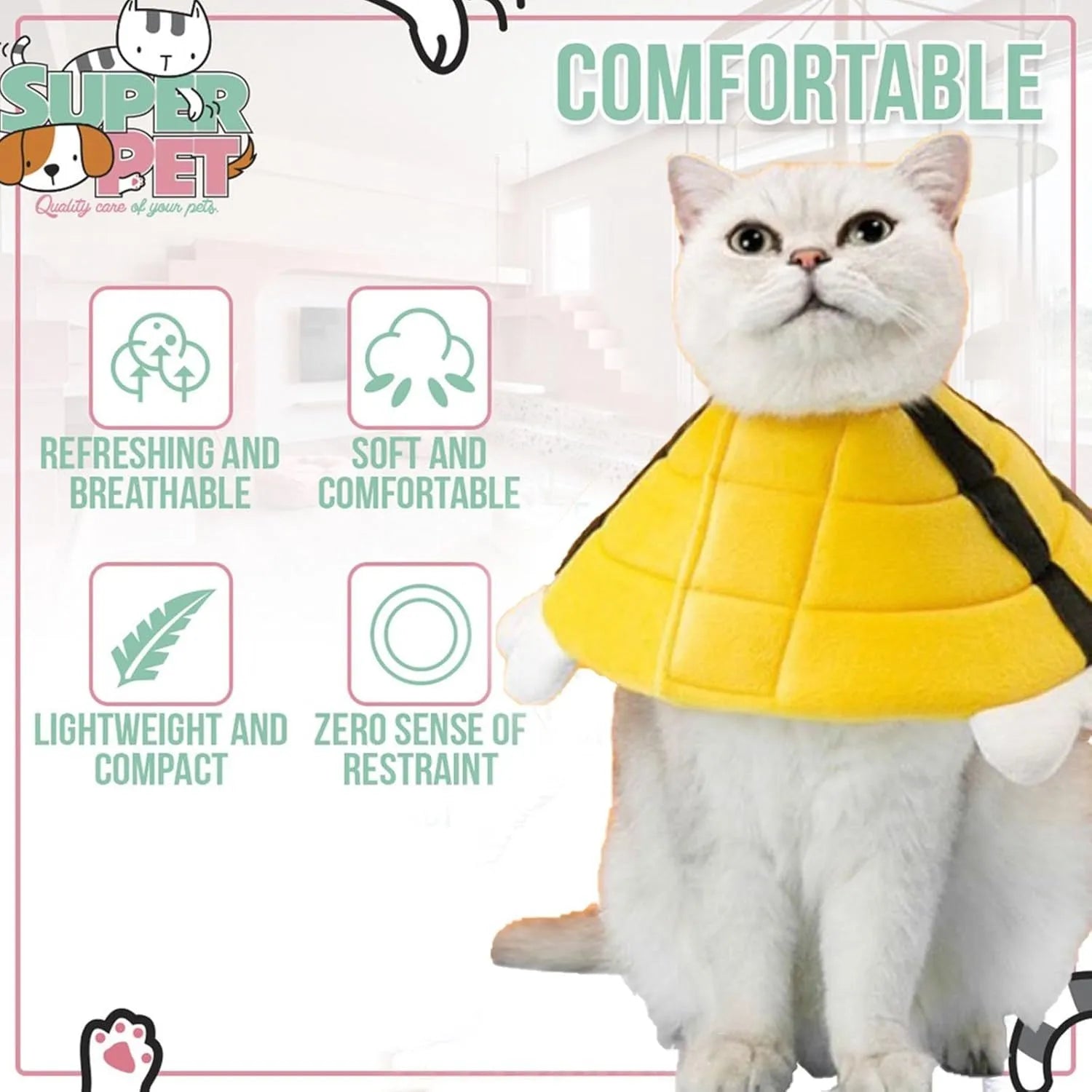 Soft white cat cone collar with black bee design and adjustable Velcro closure.
