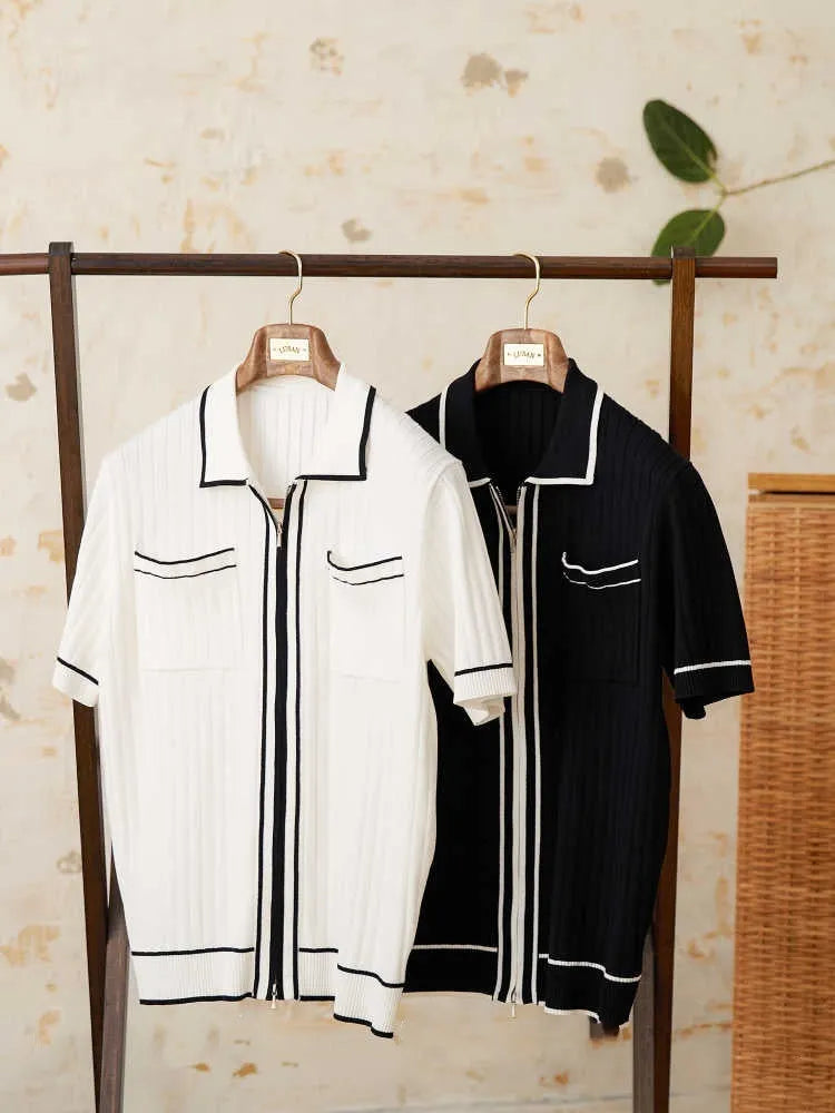 Men's slim fit polo shirt in black with lapel collar and short sleeves