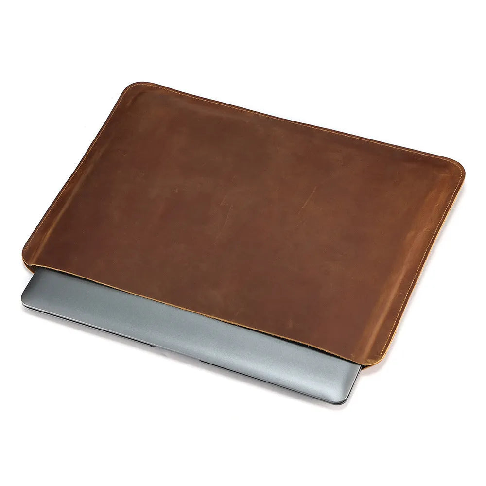 Brown genuine leather computer liner bag with horizontal design and wear-resistant cowhide lining