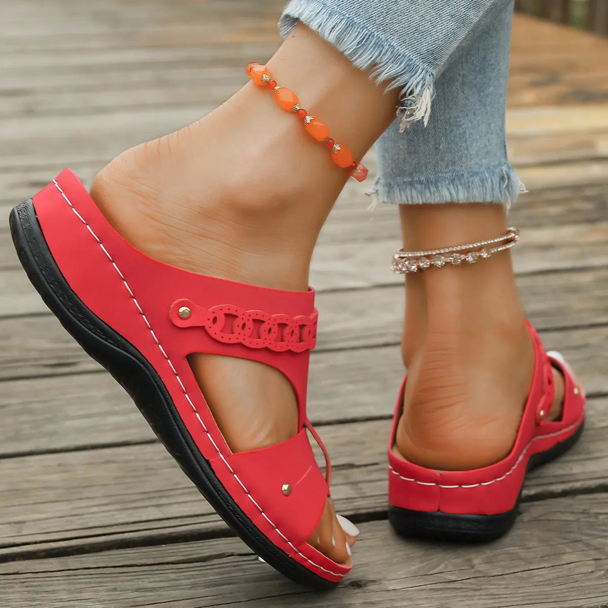 Roman style slope heel slippers with fish mouth toe design in multiple colour options