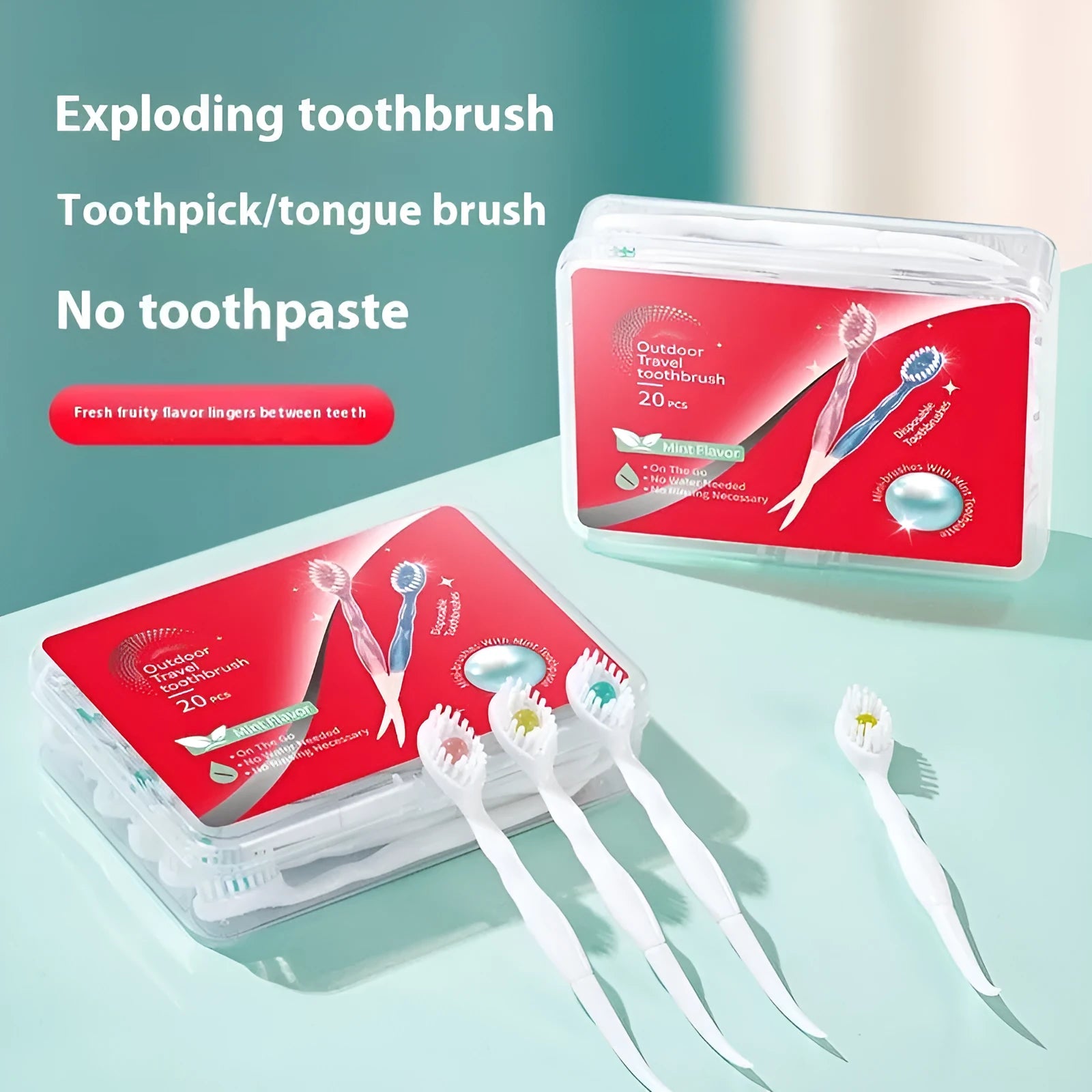 Box of 20 disposable bead toothbrushes in mint, peach, green tea and mixed flavours for travel.