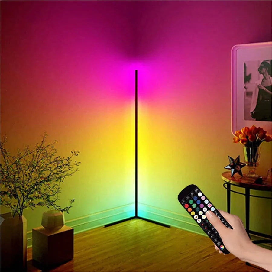 Black aluminium alloy smart floor lamp with RGB lighting and remote control