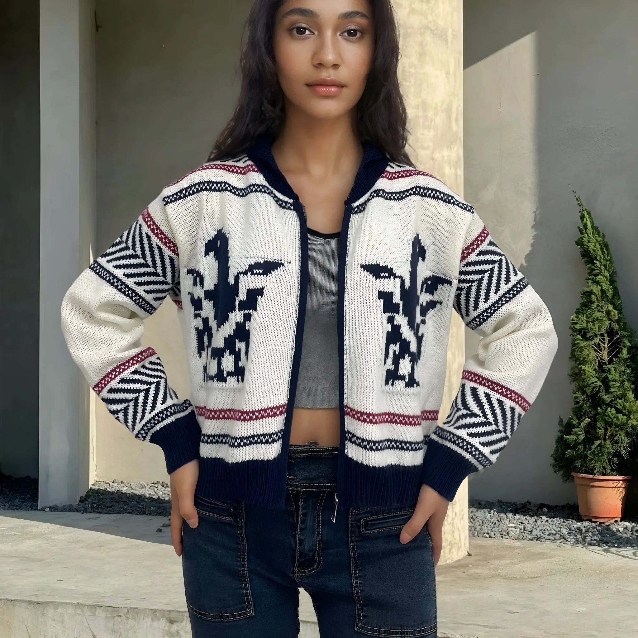 White women's zip-up cardigan with jacquard stripe pattern and lapel collar