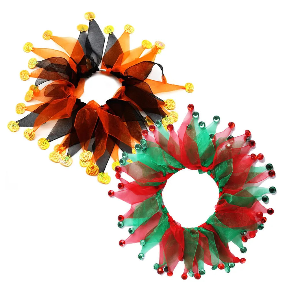 Tie-dye patterned pet collar in colourful design showing Christmas Halloween themes on cloth material