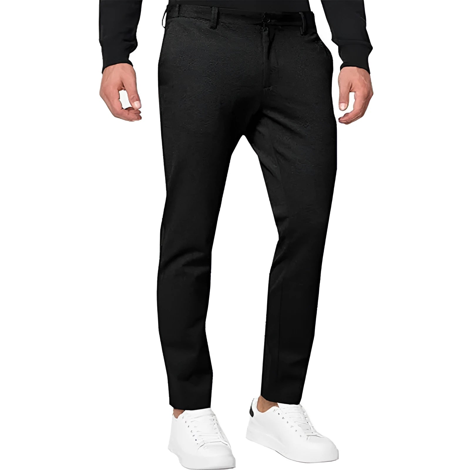 Men's slim-fit tapered chino trousers in a cotton blend stretch fabric on a hanger.
