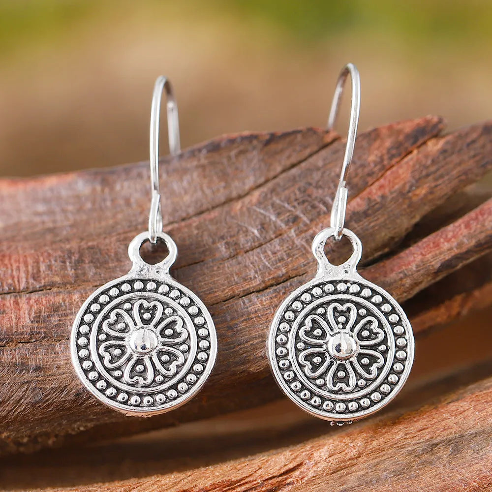 Bohemian retro round print earrings with distressed ethnic design and geometric shape in electroplated zinc alloy
