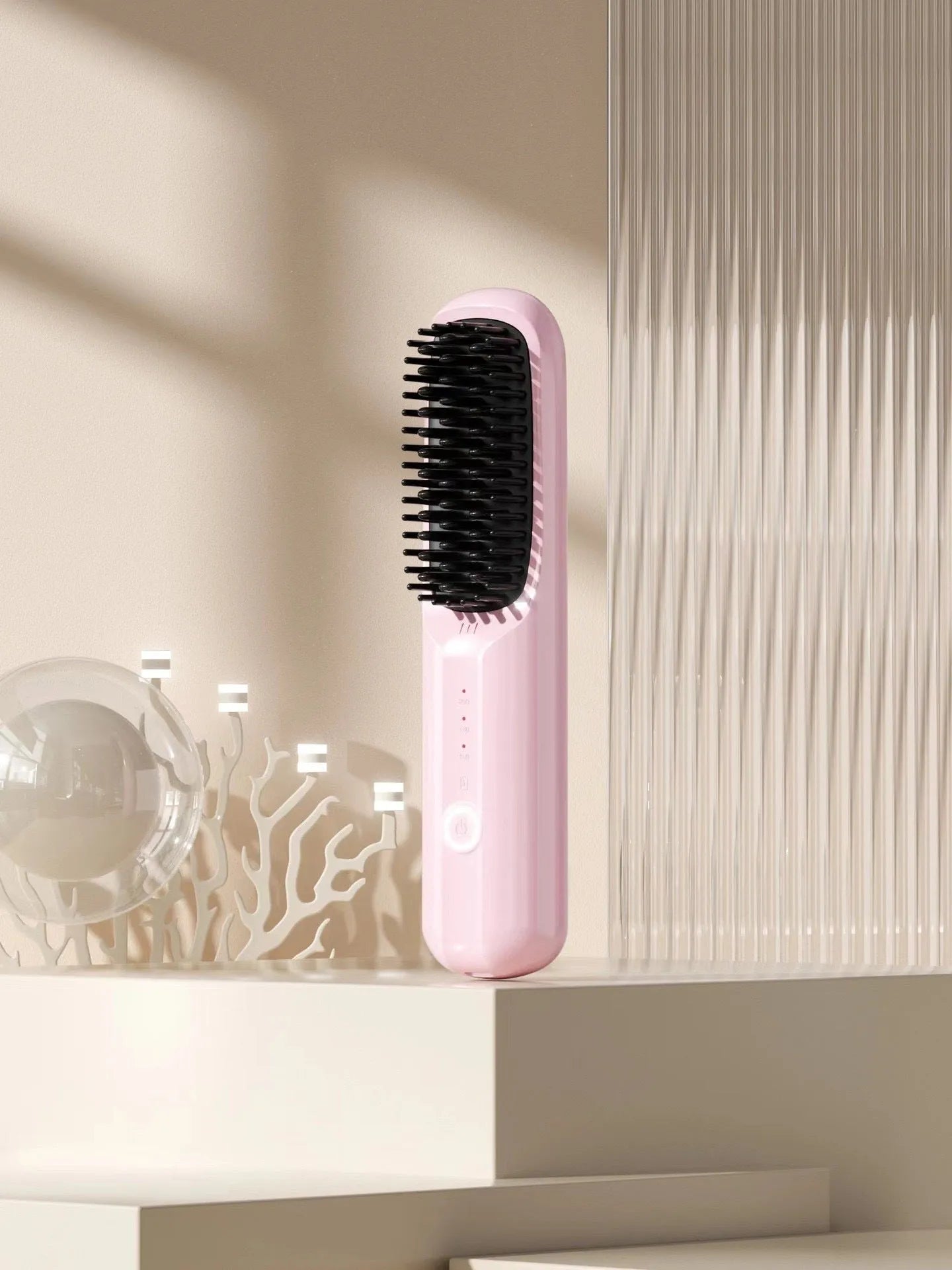Anion wireless straightening comb in beige, pink, purple, or black with Type-C charging port.