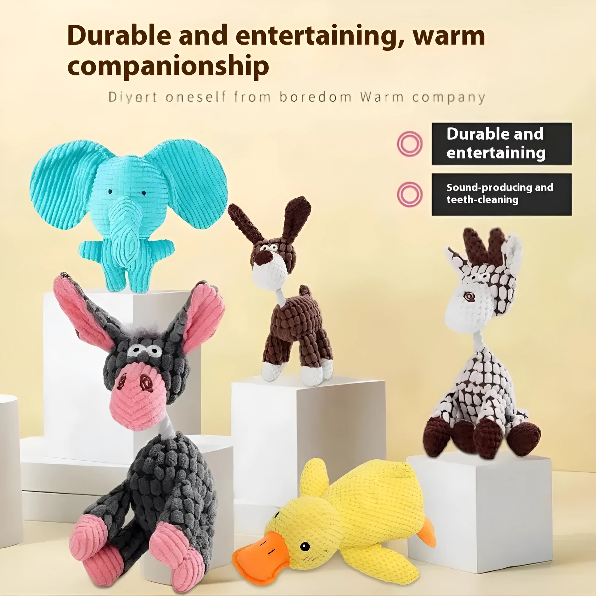 Bite-resistant puppy plush toy in animal designs including donkey, duck, elephant, and dog styles