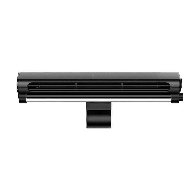 Black USB-powered bladeless clip-on fan attached to laptop screen with integrated LED lighting