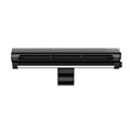 Black USB-powered bladeless clip-on fan attached to laptop screen with integrated LED lighting