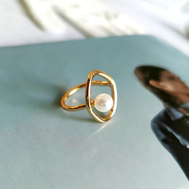 Adjustable gold plated faux pearl ring for women with minimalist Korean style open band and geometric design