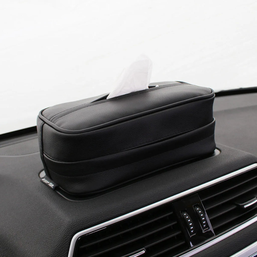 Black PU leather hanging storage box with carrying handle for car and home organisation