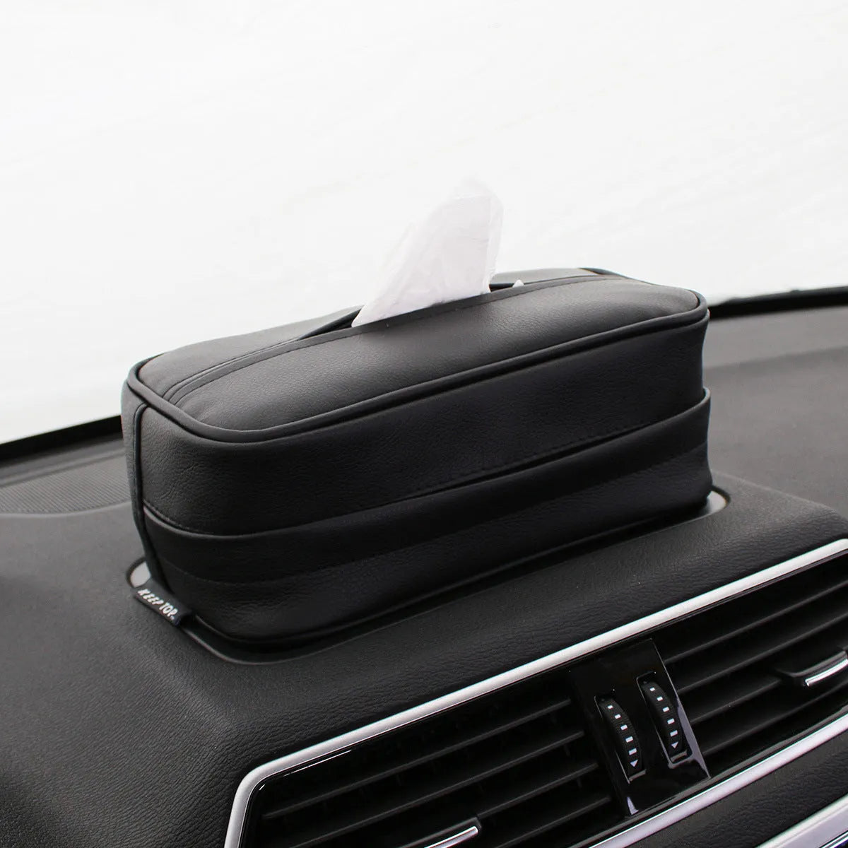 Black PU leather hanging storage box with carrying handle for car and home organisation