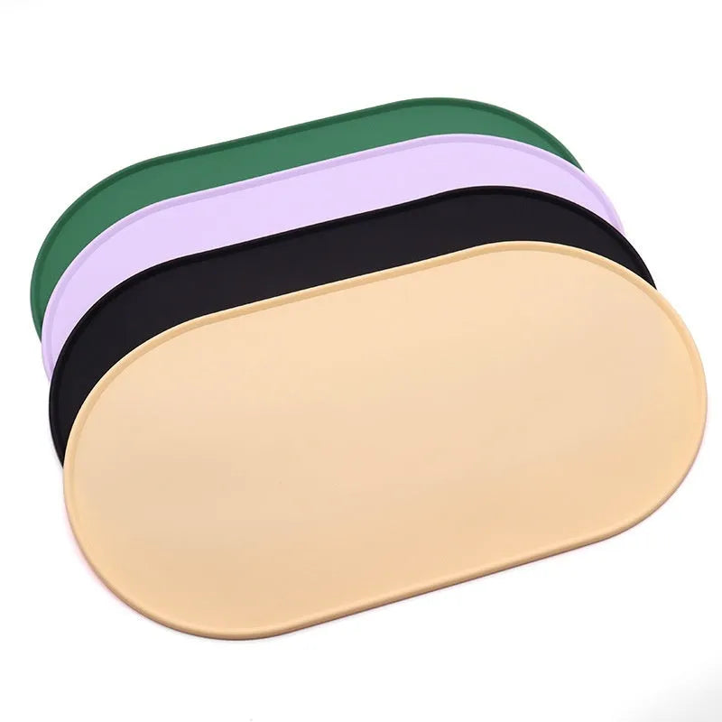 Silicone cat feeding placemat in beige colour showing non-slip underside and waterproof surface.