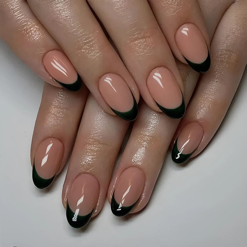 Black French style press on nails 24 pieces short almond shape artificial nails