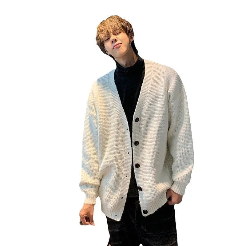 Men's loose fit V-neck knitting cardigan in army green, shown as a casual layered garment.