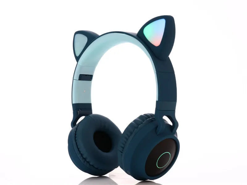 Cartoon cat ear wireless Bluetooth gaming headset in pink, light blue, purple, skin tone or green colours