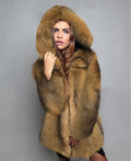 Loose mid-length silver grey artificial fur coat for women on a hanger