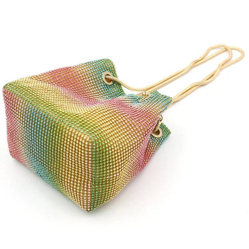 Rainbow rhinestone bucket handbag with glittering crystal surface