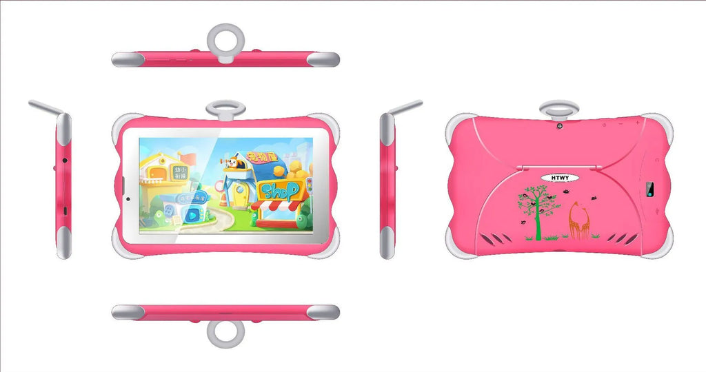 Cartoon-coloured 7-inch children's learning tablet with integrated stand shown in use.