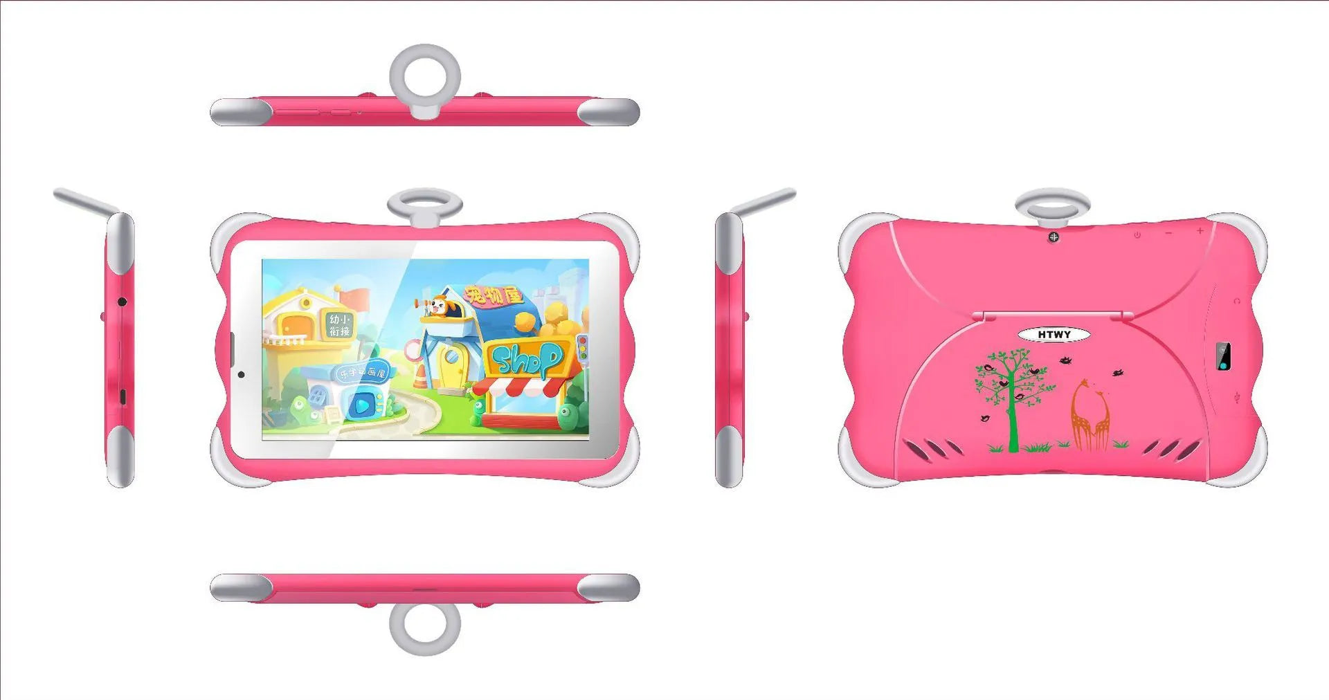 Cartoon-coloured 7-inch children's learning tablet with integrated stand shown in use.