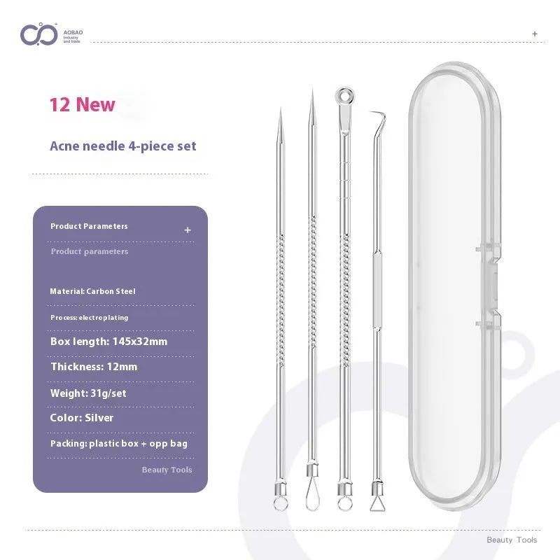 Four silver metal acne needles with fine pointed tips for blackhead removal.