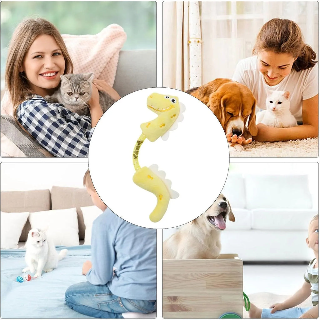 Four-piece cat toy bundle showing chew toy, plush mouse, fish, and bunny in pink, purple, and yellow colours.
