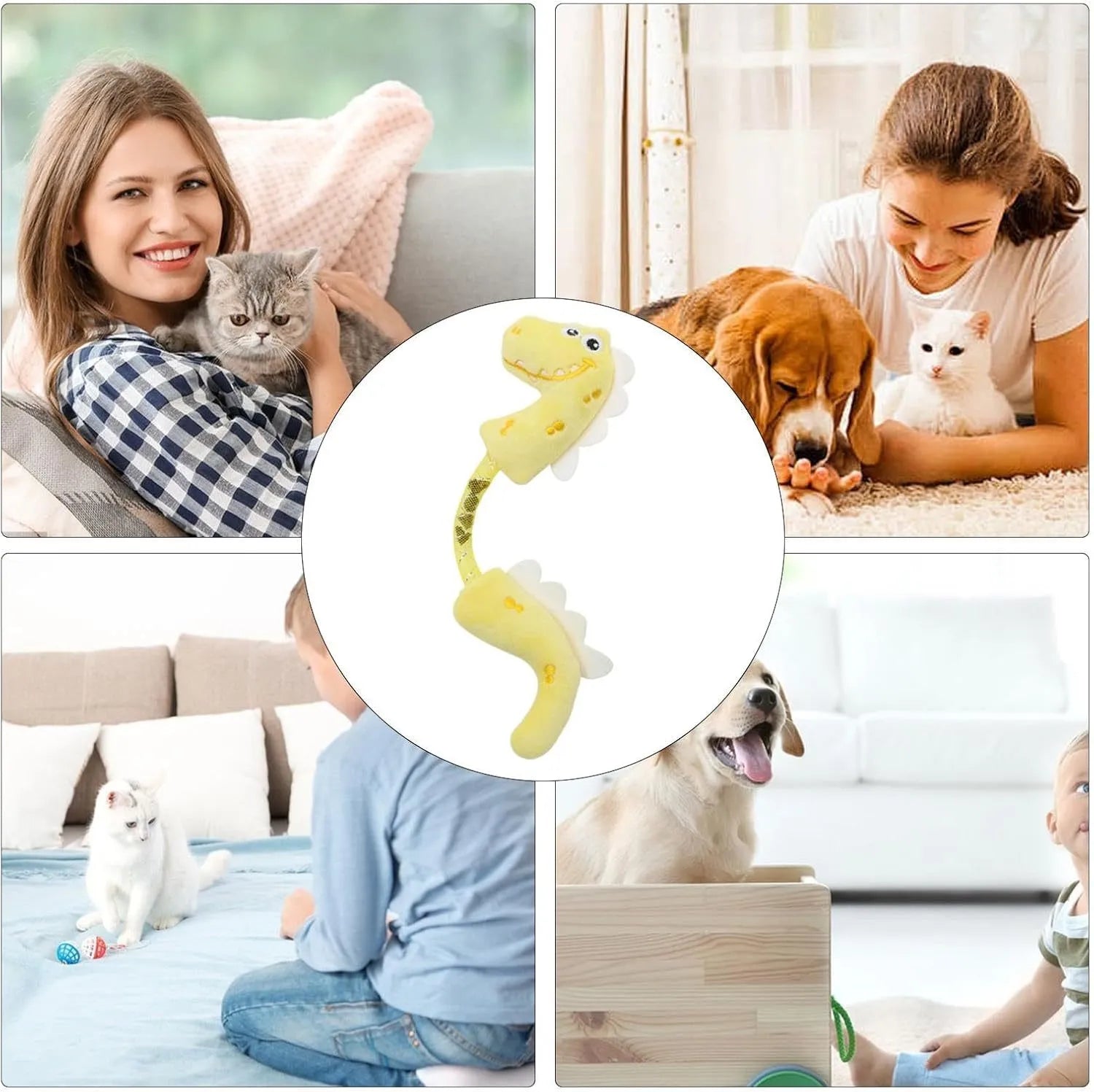 Four-piece cat toy bundle showing chew toy, plush mouse, fish, and bunny in pink, purple, and yellow colours.