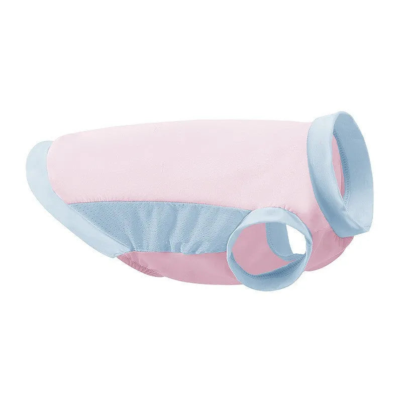 Pet wearing an ice silk sun protection vest in cherry blossom pink, unisex design for cats and dogs, sizes XS to XXL