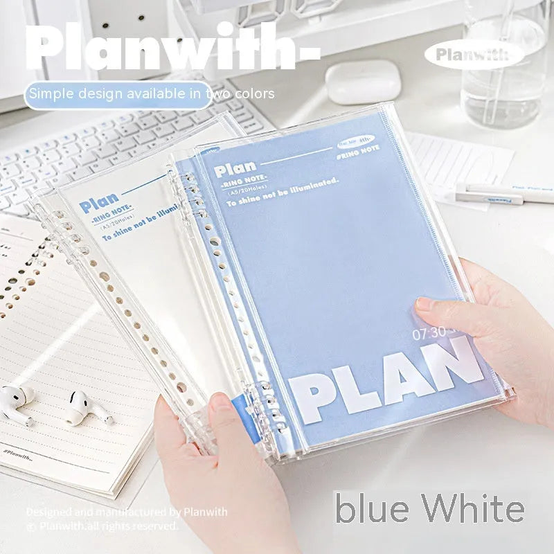 A5 PVC spiral notebook in blue or white with can store design for loose papers