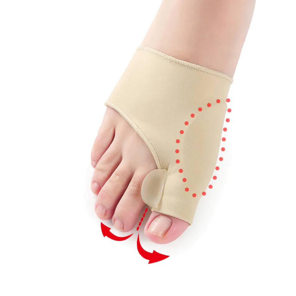 Corrective bunion relief sock with gel pad and silicone toe separator on a foot.