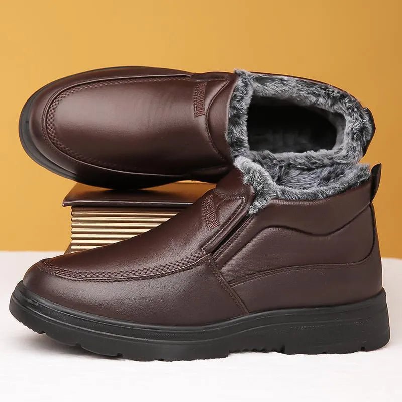 Men's black winter slip-on shoes with fleece lining and a rubber sole
