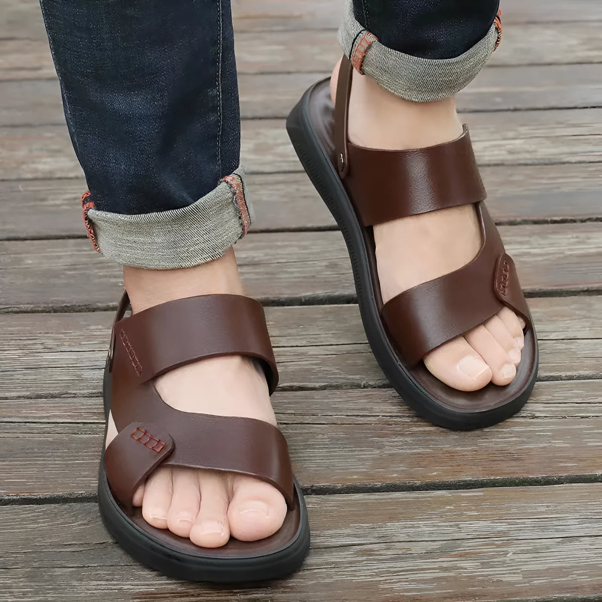 Men's waterproof casual sandals in brown and black with plastic upper, shown on a beach background.