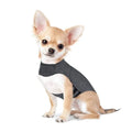 Heather grey dog anxiety vest jacket on a model, showing brocade cotton ponte-de-roma fabric and fit.