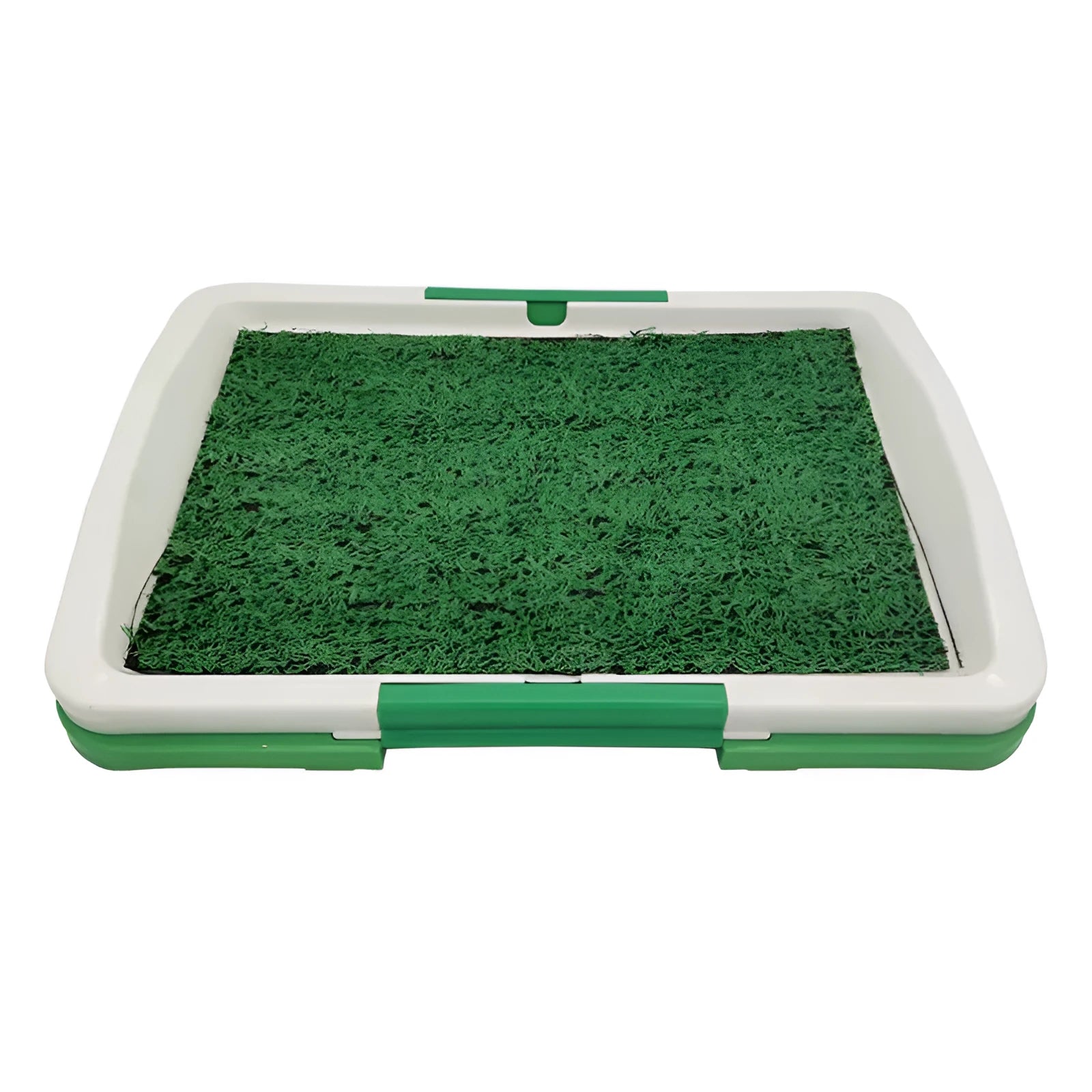 Green three-layer indoor dog toilet tray with artificial grass top, absorbent pad, and plastic drip tray base.