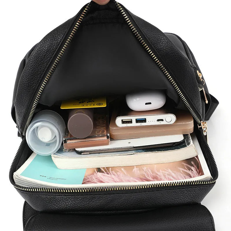 Women's soft Pu leather street style backpack with three-dimensional pockets in black, blue, or taro purple