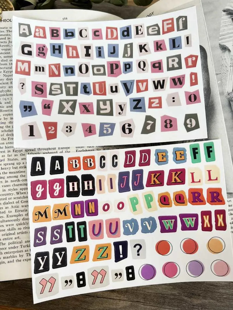 English letters and numbers symbol label stickers showing A, B, C, D, E letters and weekly words in cute printed style