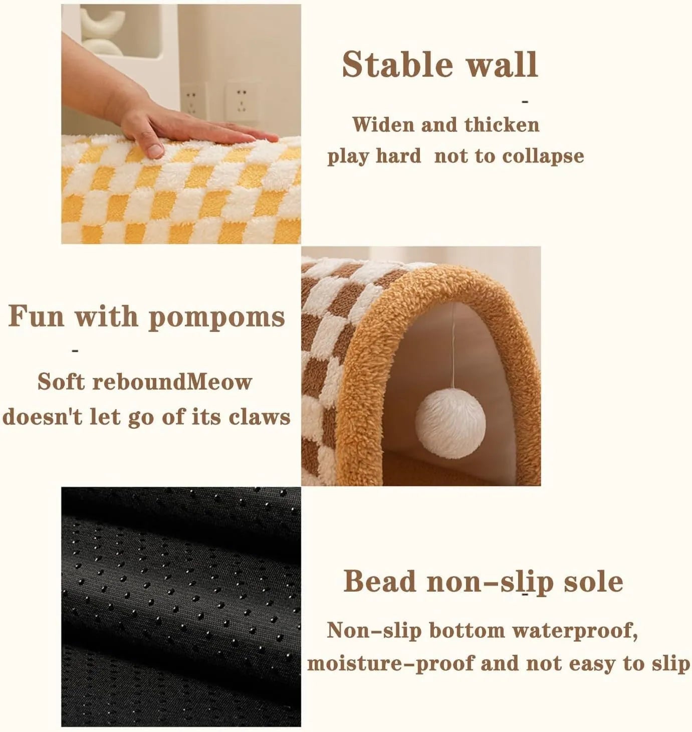 Brown plaid cat tunnel bed with central mat showing non-slip bottom and tunnel opening