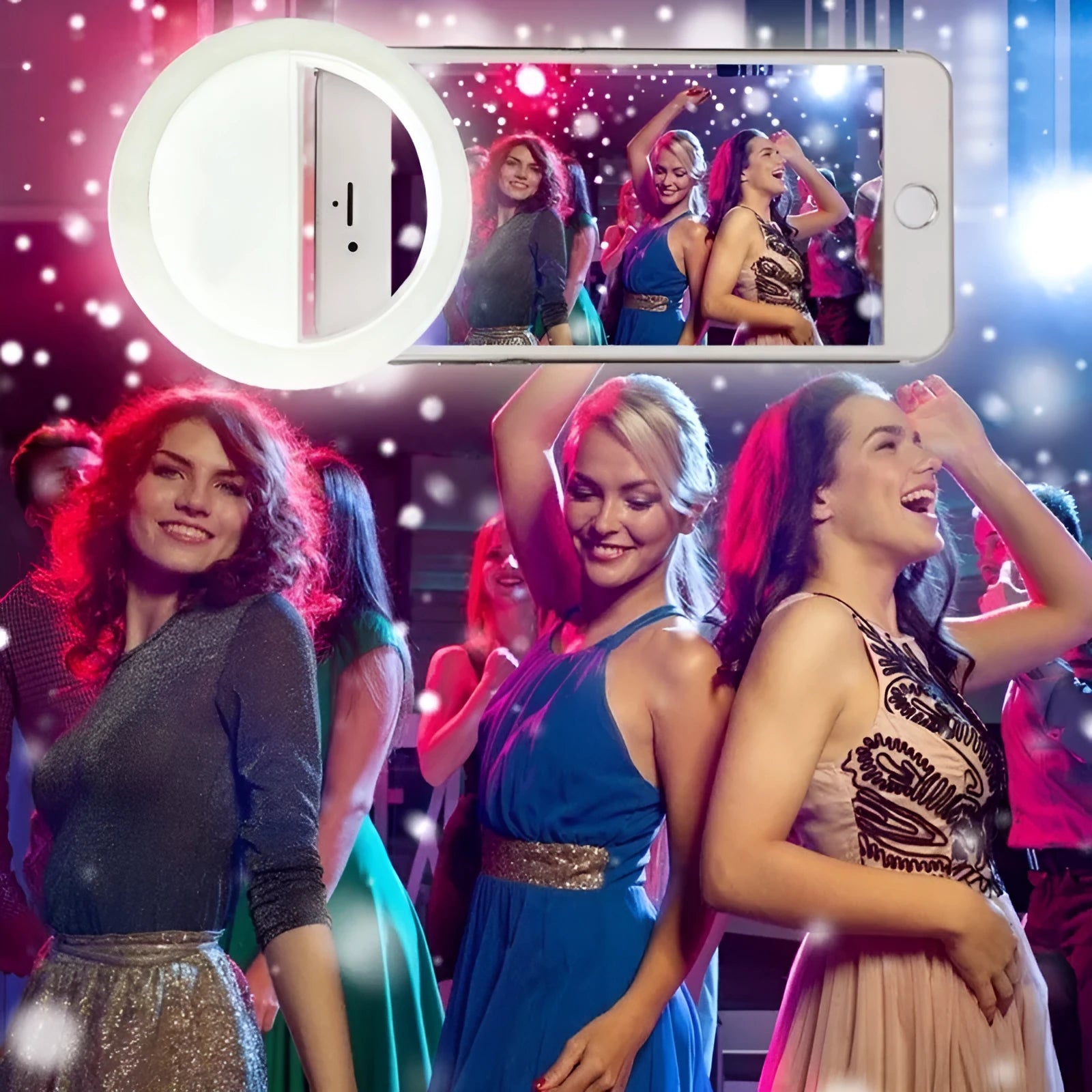 Green clip-on selfie ring light with LED bulbs attached to a mobile phone for dark environment photography.