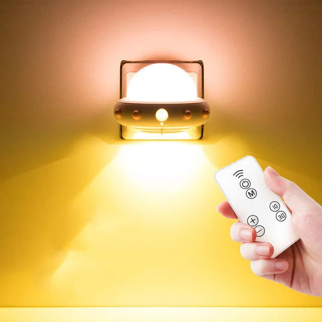Remote control UFO bedside night light in blue colour with cartoon design