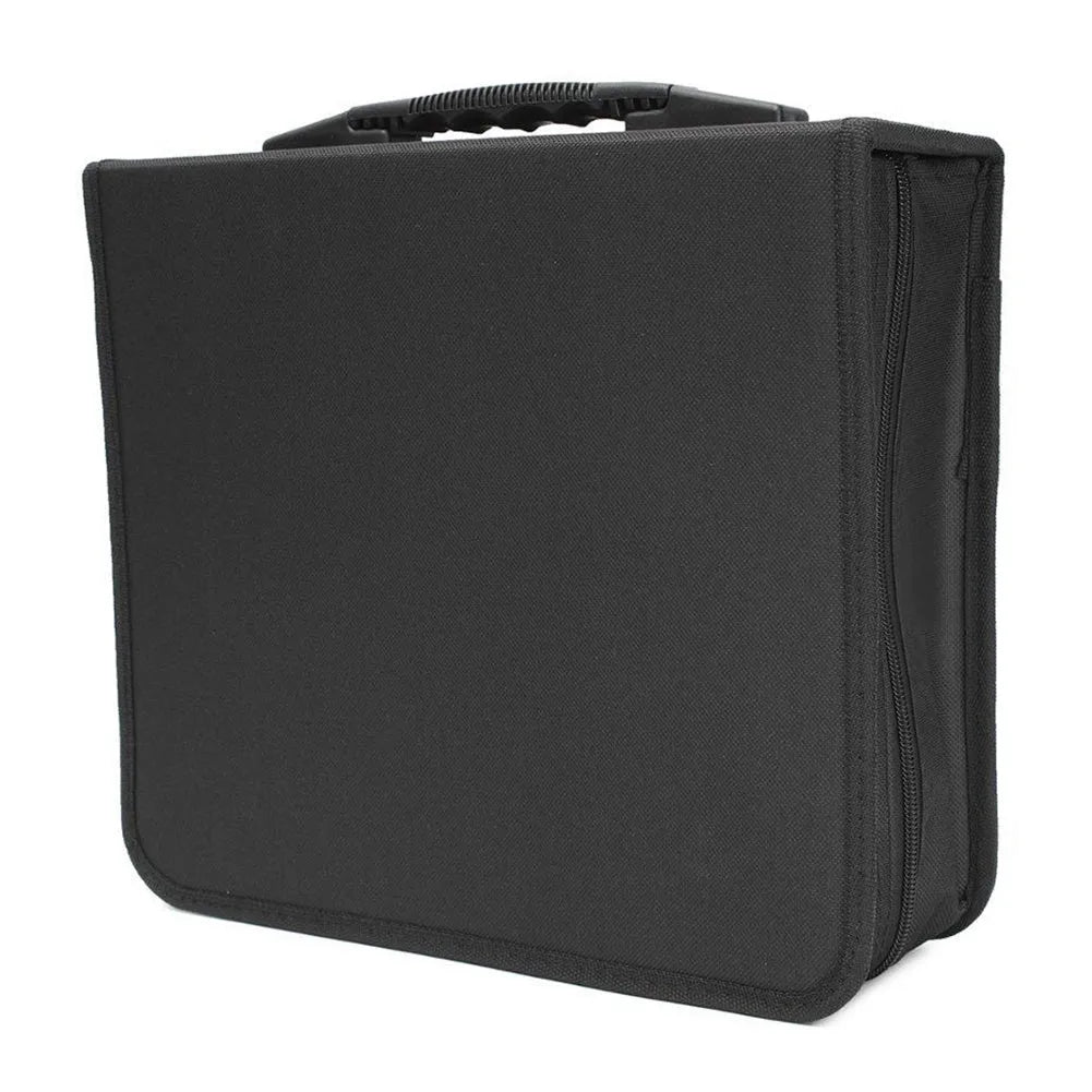Black Oxford fabric CD storage organiser case with a zipper and top hand strap.