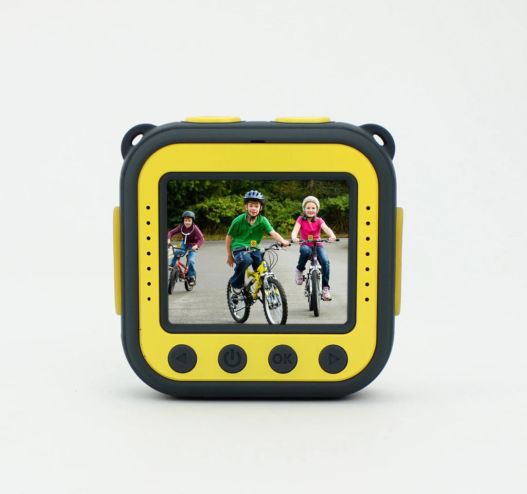 Yellow children's waterproof sports camera showing 1.77-inch screen and compact 60mm size